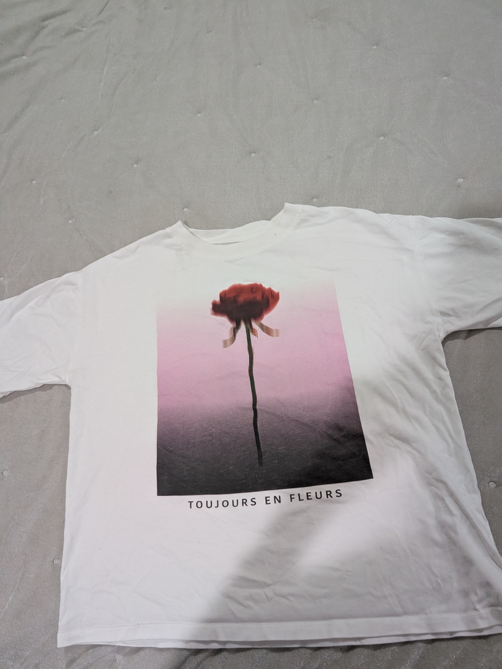 Girls Zara White Tee with Pink Ombre Square and Red Rose Graphic